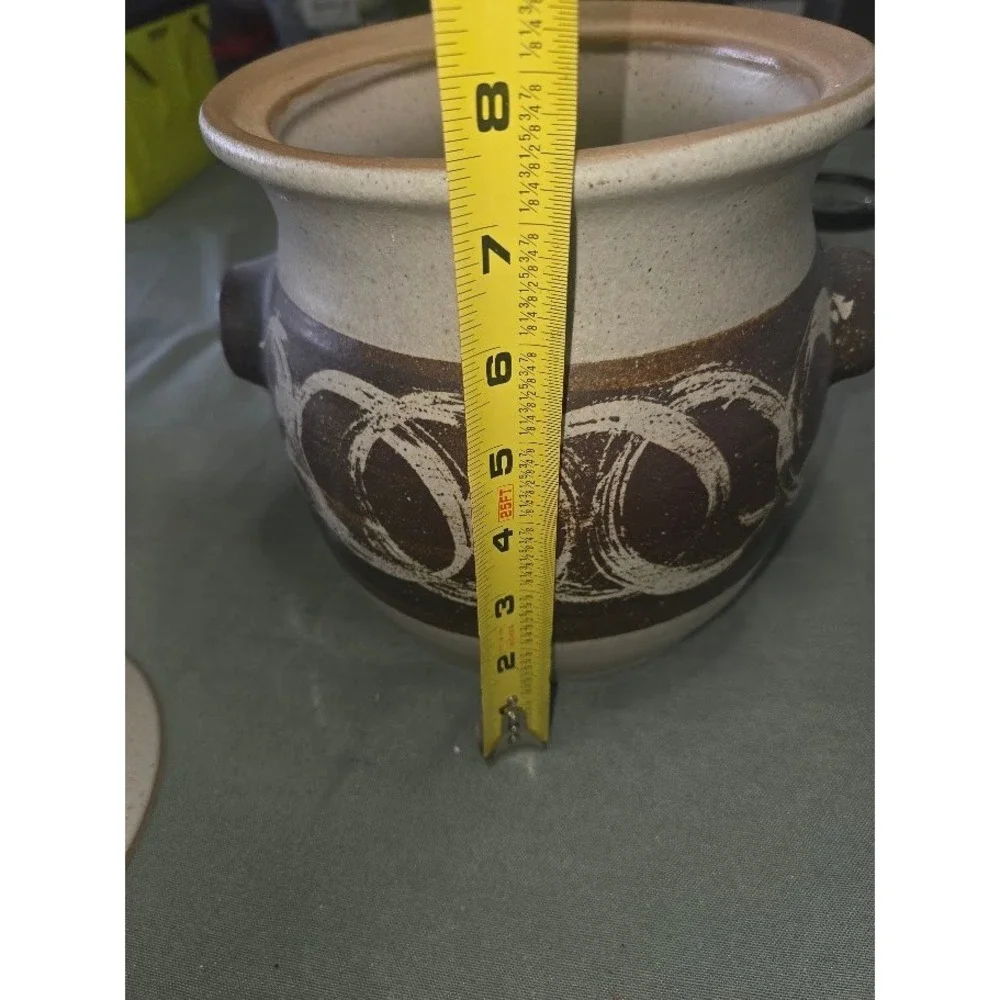 Vintage Studio Pottery Lidded Bean Pot Crock Brown Speckled Glaze Hand Painted